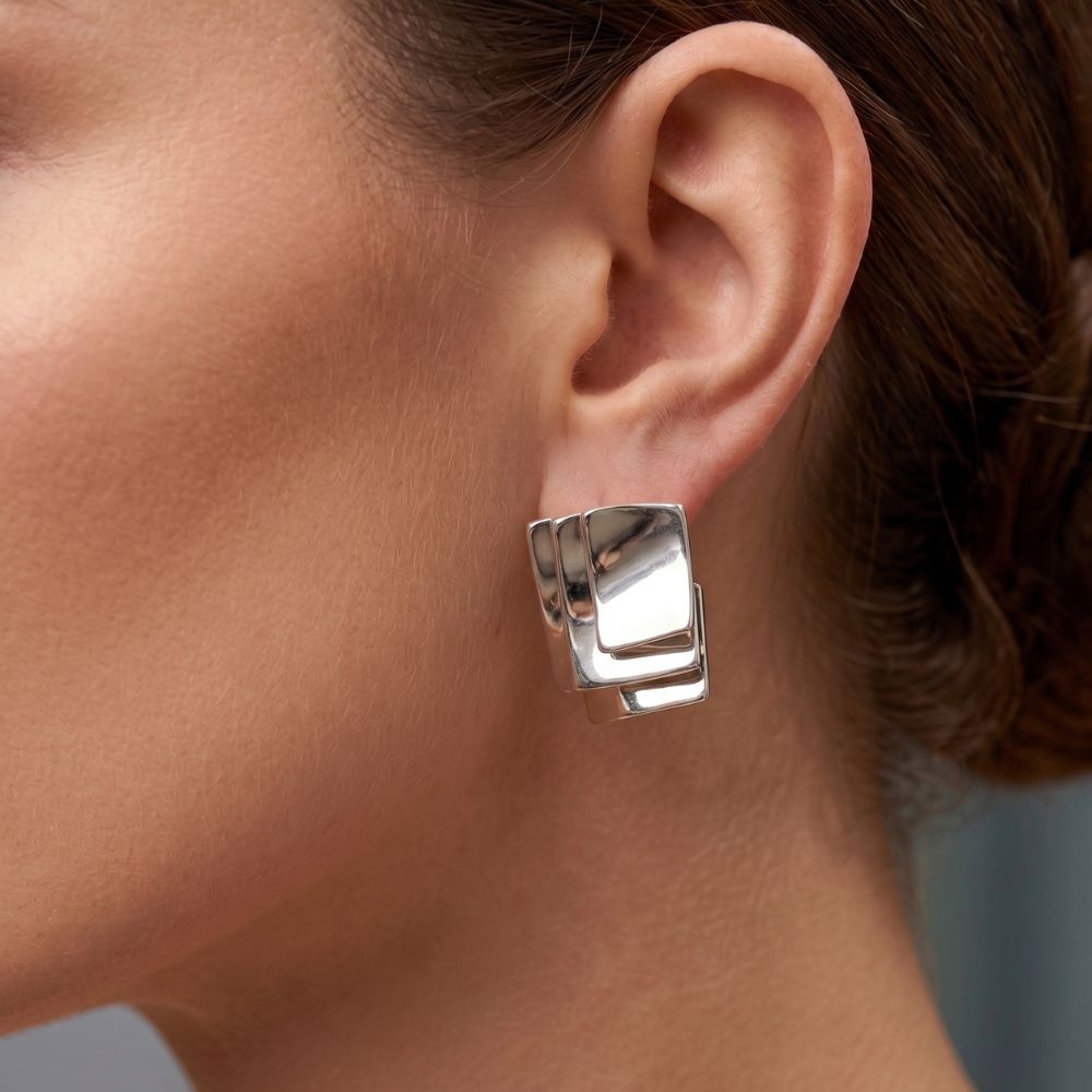 Celeste Tiered Silver Geometric Statement Studs