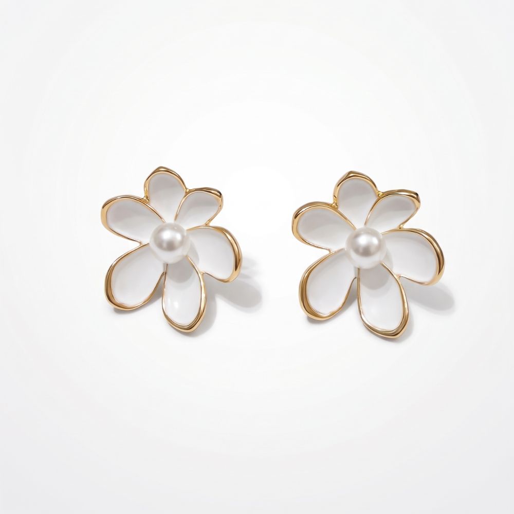 White Enamel & Pearl Stud Earrings
