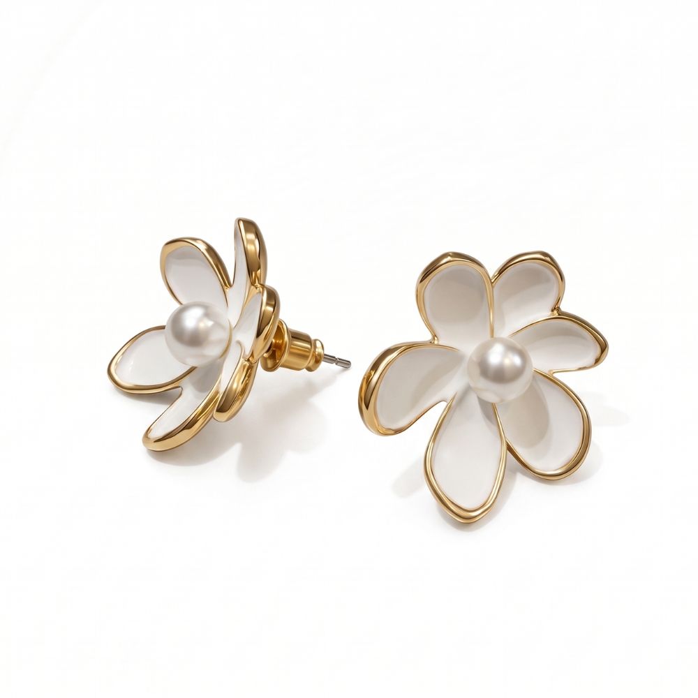 White Enamel & Pearl Stud Earrings