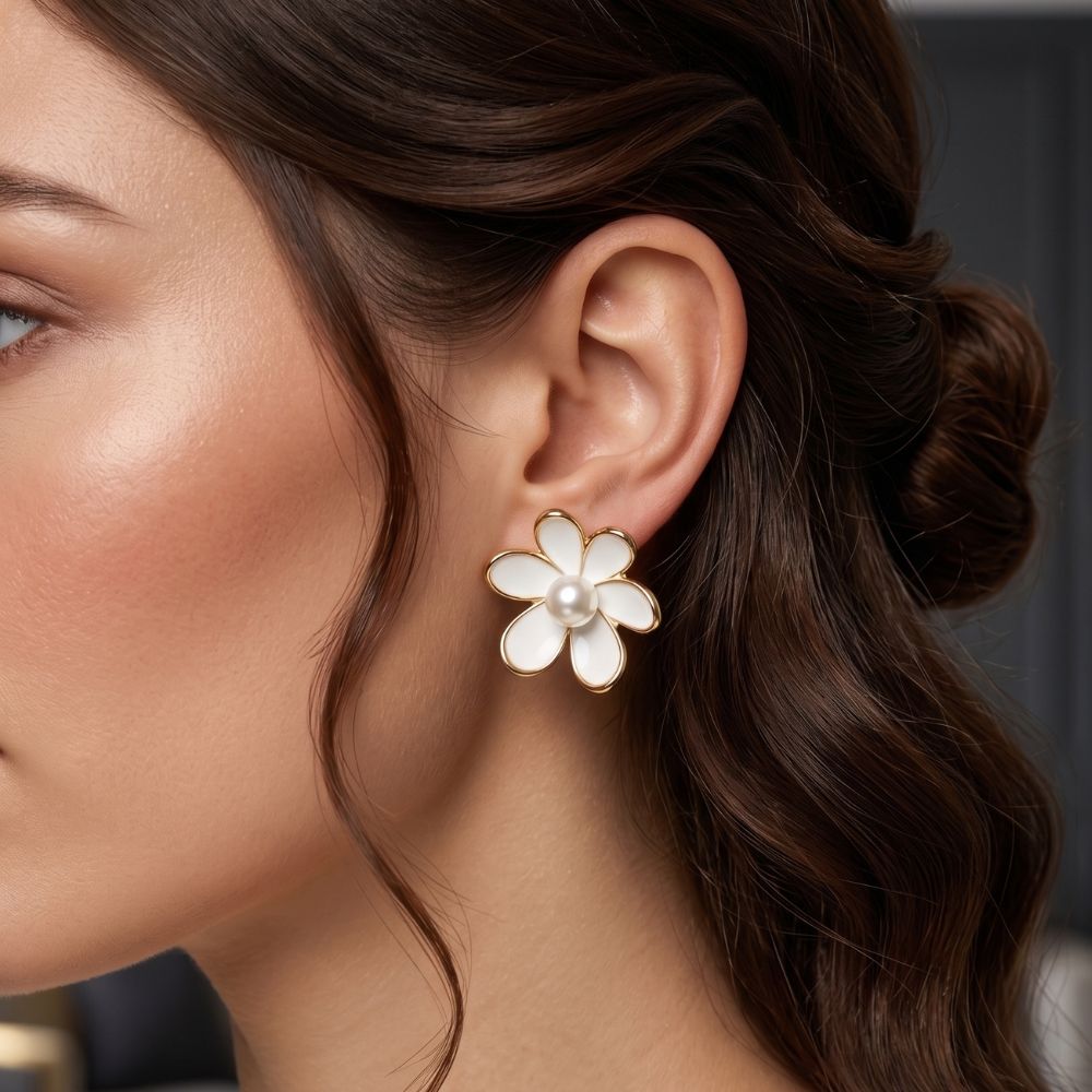 White Enamel & Pearl Stud Earrings